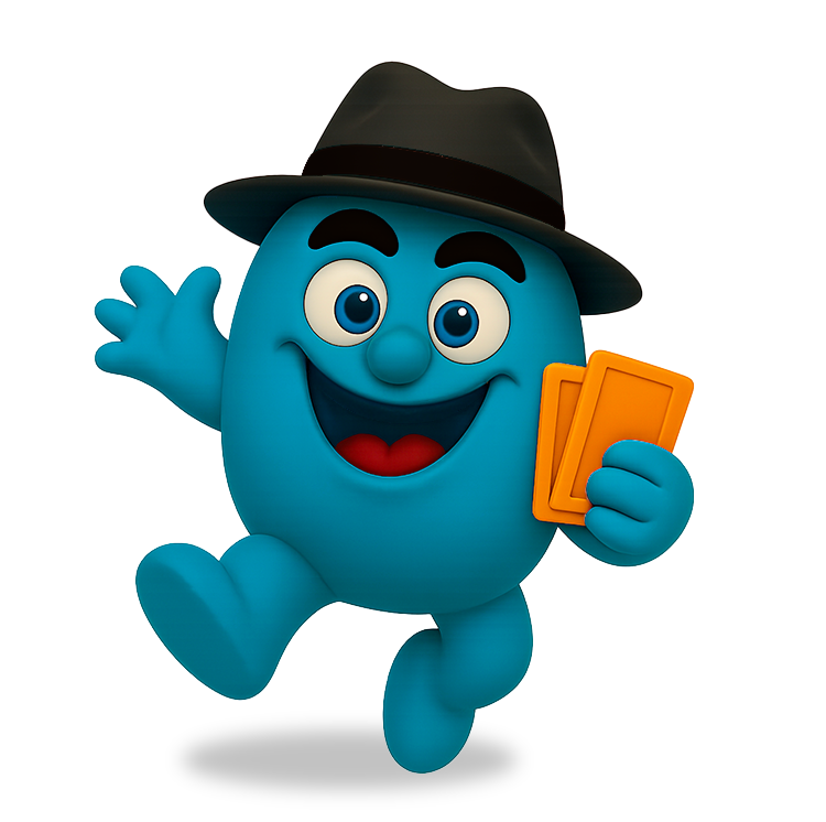 Le personnage bleu de SNATCHO tenant des cartes